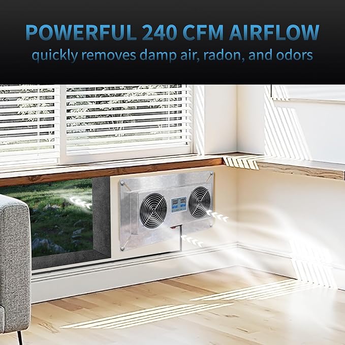 240 CFM Crawlspace Vent Fan, With Thermostat,Humidistat, Crawlspace Fans, For Moisture Reduction, Radon Mitigation, Freeze Protection , Ideal for Basement, Attic, Crawl Space Fan Vent(Natural color) - Image 2