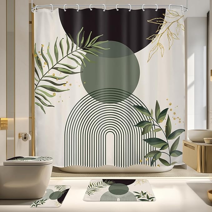 4 PCS Dark Green Boho 72Wx72H Shower Curtain Set Modern Mid Century Leaves Plant Bath Rug Toilet Lid Cover Nonslip U Shape Mat Quick Dry Accessories Bathroom Decor with 12 Hooks by MitpokBrand