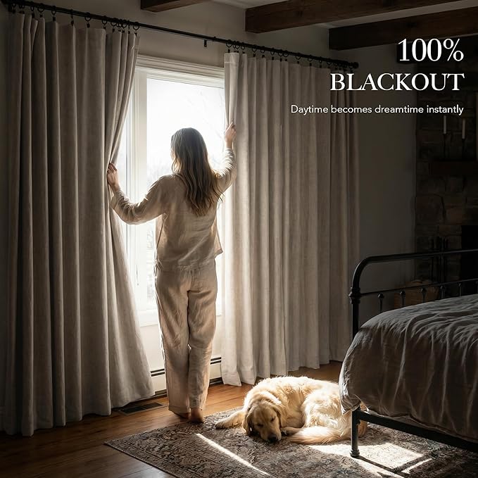 RYB HOME Linen Textured 100% Blackout Curtains for Bedroom, Insulating Energy Saving Window Curtains for Living Room Dining Patio Sliding Glass Door, Wide 52 x Long 90 inch, Beige, 2 Panels - Image 3