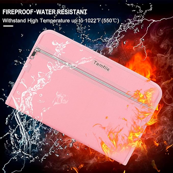 Fireproof Safe Accordion File Organizer Bag Folder,Waterproof Expanding Filing Folder with 14 Pockets, A4 Letter Size, Document Organizer Holder and Color Labels /2 Zipper (Pink 14.3" x 9.8") - Image 3