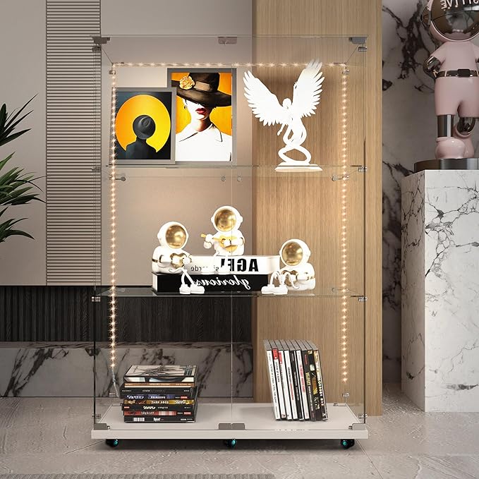 Yoluckea 3 Tiers Glass Display Cabinet with Bluetooth LED Light Strip, 2 Doors Floor Standing Curio Cabinet with Universal Wheel for Home, White Glass Bookshelf for Collections, Clear Top by Yoluckea