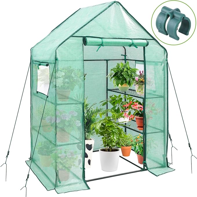 Ohuhu Greenhouse for Outdoors with Mesh Side Windows, 3 Tiers 4 Shelves Small Walk-In Green House Plant Stands Plastic PE Cover Outside Portable Warm House for Seedling Flowers Growing, 4.8x2.5x6.4 FT by Ohuhu