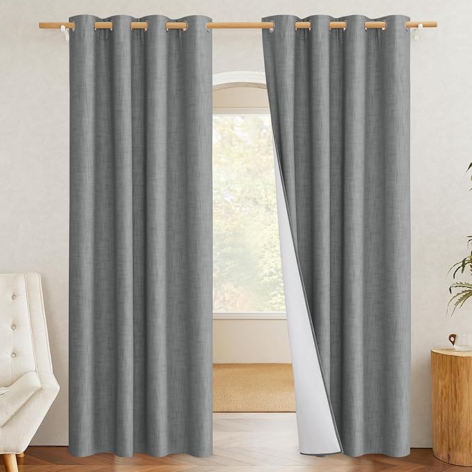 NICETOWN 100% Absolutely Blackout Linen Curtains with Thermal Insulated White Liner, Dove Grey, W52, 2 Pieces, Noise Reducing Textured Linen Look Curtains for Windows 120 inch Length for Classroom by NICETOWN