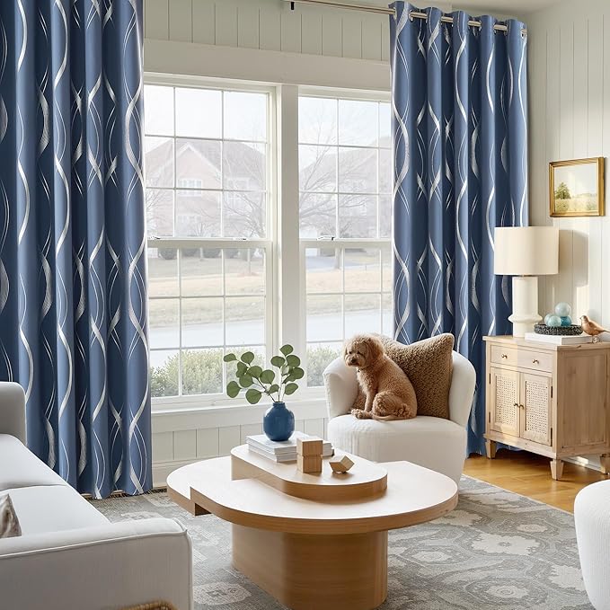 NICETOWN Stone Blue Blackout Living Room Curtain Panels 84 inch Long, W66 x L84, Noise Reducing Thermal Insulated Wave Line Foil Print Design Drapes for Patio Sliding Glass Door, 2 Panels - Image 2