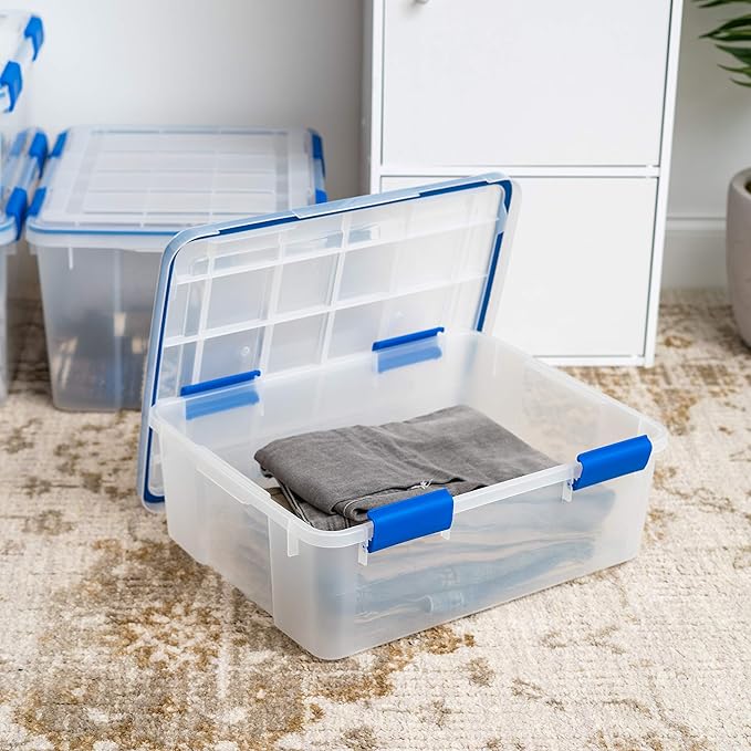 IRIS USA WeatherPro 27 & 44 Qt Storage Bins with Lids, 4 Pack, BPA-Free Plastic Gasket Box with Tight Latch and Seal, Stackable Nestable Tote Tub - Clear/Blue - Image 3