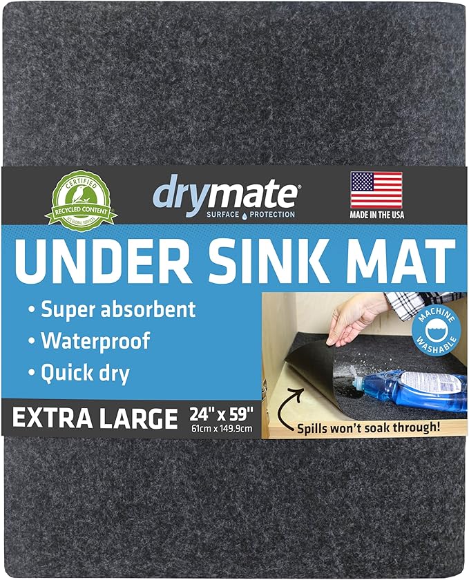 Drymate Premium XL Under Sink Mat, Waterproof Cabinet Protection Mats for Kitchen & Bathroom, Absorbent Shelf Liners, Slip-Resistant, Non-Adhesive, Machine Washable (USA Made)(24”x59”)(Charcoal) by Drymate