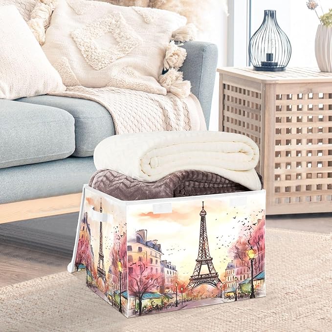 xigua Watercolor Paris Storage Bins with Lids and Carrying Handle,Foldable Storage Boxes Organizer Containers Baskets Cube with Cover for Home Bedroom Closet Office - Image 5