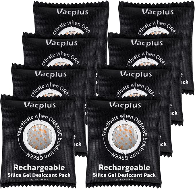 Vacplus 8 Pack 100g Reusable Desiccant Packs for Storage, Large Silica Gel Packets with Indicator Beads, Dehumidifier and Moisture Absorber for Car, Closet, Drawer, 3.9" x 4.7" by Vacplus