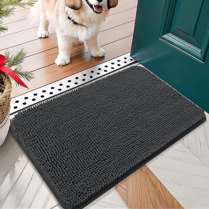 OLANLY Dog Door Mat for Muddy Paws 24x16, Absorbs Moisture and Dirt, Absorbent Non-Slip Washable Doormat, Quick Dry Chenille Mud Mat for Dogs, Entry Indoor Entryway Carpet for Inside Floor, Dark Grey by OLANLY