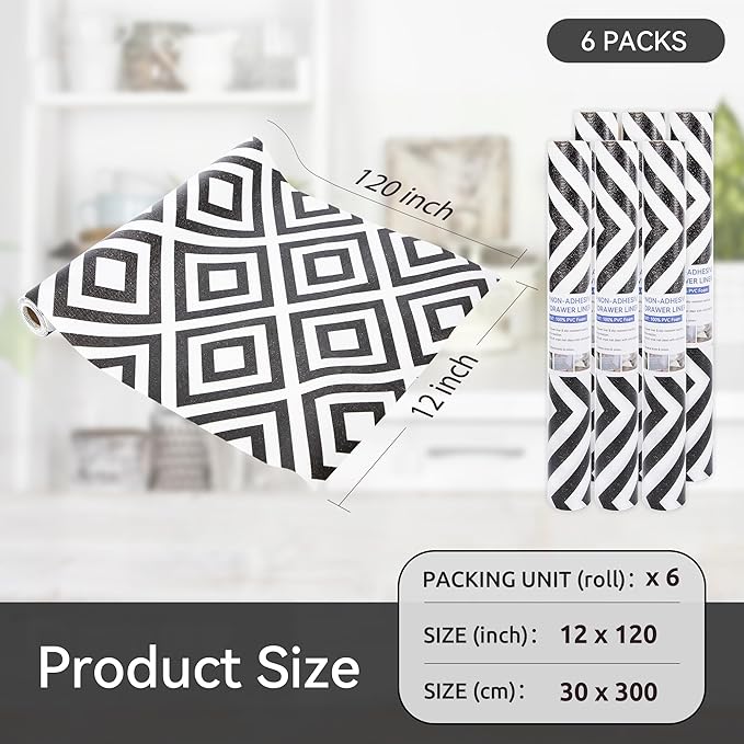 FIFTY FEET 12"x120" Non-Adhesive Shelf Liner for Kitchen Cabinets and Drawers, Washable Non-Slip PVC Cabinet Liner (Black Plaid)(6 Roll) - Image 5