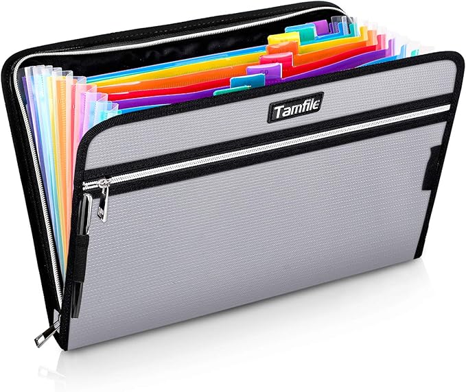 Fireproof Safe Waterproof Accordion File Bag Folder Expanding Filing Folder with 14 Multicolored Pockets, A4 Letter Size, Document Organizer Holder and Color Labels /2 Zipper (Silver 14.3" x 9.8") by Tamfile