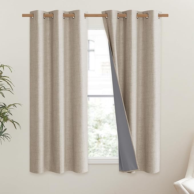 NICETOWN Oatmeal Vintage Open Linen Weave Flax Thermal Curtains, 100% Blackout Curtains 54" Long for Dining Room, Soundproof Window Treatment Drapes for Kitchen, 42" Wide Per Panel, Set of 2 - Image 2