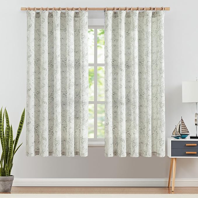 jinchan Floral Curtains 63 Inch Length Charcoal Grey Flower Linen Farmhouse Curtain for Living Room French Country Vintage Curtain Rod Pocket Curtains Set 2 Panels Gray Floral Printed by JINCHAN