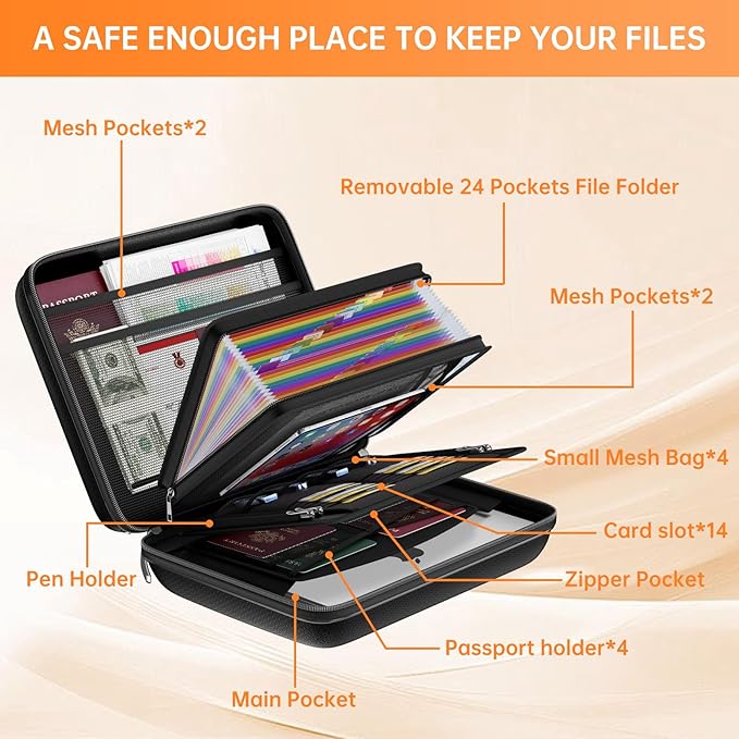 ENGPOW Fireproof Document Box with Lock, Hard Case Fire & Water Resistant File Organizer with 25-Pocket Accordion File Folder, Portable Home Office Safe Storage for Important Documents Laptop Black - Image 9