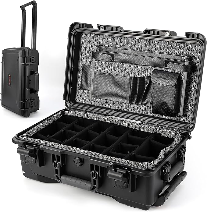Heavy Duty Waterproof Camera Case for Diving and Outdoor Water Sports – Dustproof, Impact Resistant Dry Box with Padded Dividers, Wheels, 22” x 14” x 9” – Includes Document Bag & Camera Insert by Unknown