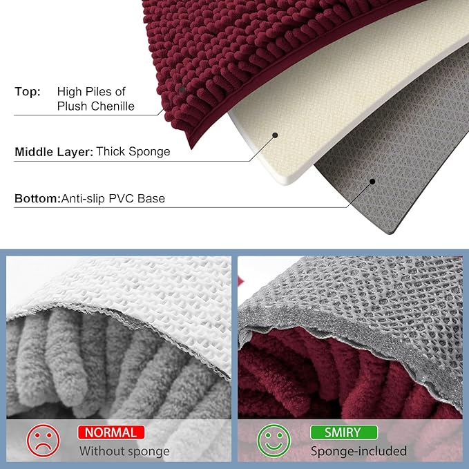 Smiry Luxury Chenille Bathroom Rugs 71x47, Extra Soft and Absorbent Shaggy Bath Mat, Machine Washable, Non-Slip Plush Carpet Runner for Tub, Shower, and Floor, Home Decor Accessories, Burgundy - Image 5