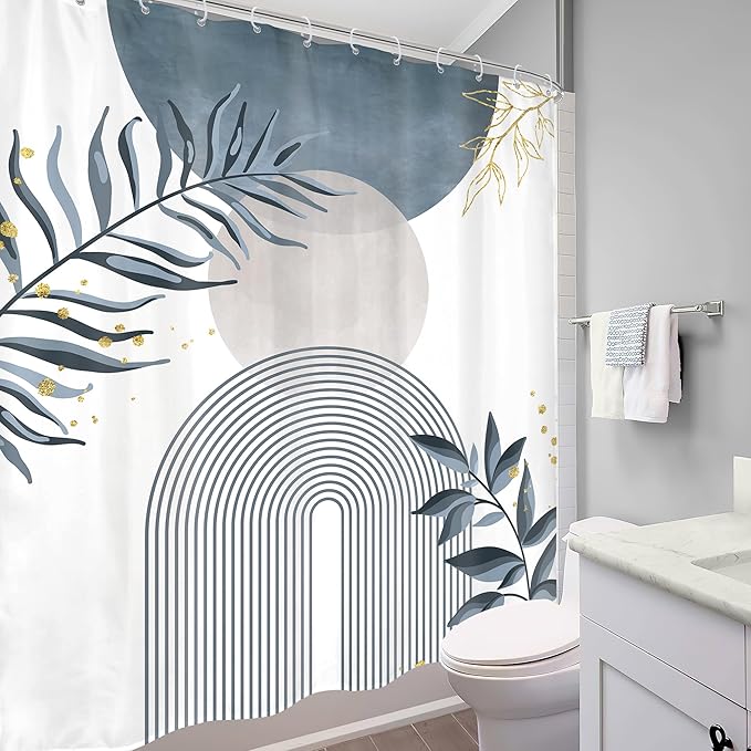 Blue Gray Boho Shower Curtain 60Wx72H Abstract Grey Bohemian Modern Leaves Mid Century Minimalist Plant Bathroom Decor Contemporary Simple Neutral Bath Curtain Fabric Polyester 12 Pack Hooks - Image 4