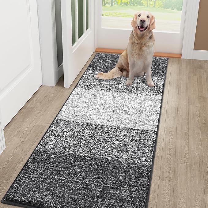 Smiry Dog Door Mat for Muddy Paws, Absorbs Moisture and Dirt, Low-Profile Entryway Mat with Non-Slip Backing, Entry Indoor Outdoor Doormat for Inside Floor (48x30 Inches, Grey, Striped) by Smiry