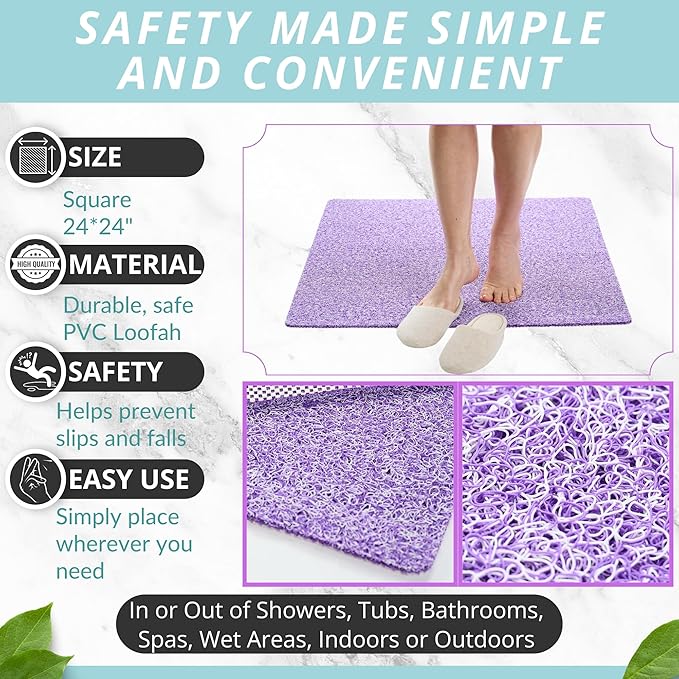 Enkosi Loofah Shower Mat Non-Slip - Anti-Slip Bath Mat for Inside Showers, Tub, Bathtub, Bathroom - Quick Dry PVC with Drain Holes - Cushioned Safety Grip - Secure for Kids and Elderly (Purple 24x24) - Image 3