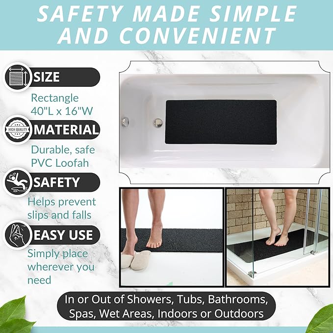 Non Slip Bathtub Mat Shower Mat for Tub - Loofah Bath Mats for Bathroom - 40x16 Bathtub Floor Mat - Textured Anti Slip Bath Mat Without Suction Cups - Secure Mat for Wet Areas (40x16 Black) - Image 3