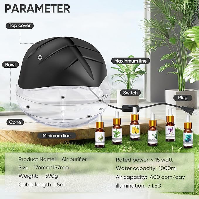 Water Based Air Purifier for Home with Essential Oil Diffuser and Humidifier Function, Rainbow Air Washer with LED Night Light, Freshener for Smoke and Pet Odors, Includes 6x10ml Essential Oils - Image 6