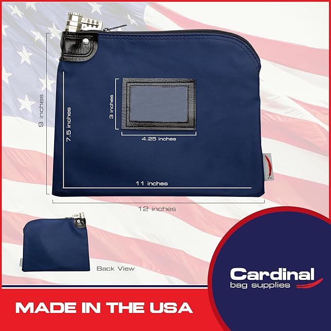 Heavy-Duty Money Bag with Lock – 9" x 12" Water-Repellent Laminated Nylon Bank Deposit Bag with Combination & Keyed Security for Cash, ID Window, Made in USA (Navy Blue) - Image 2