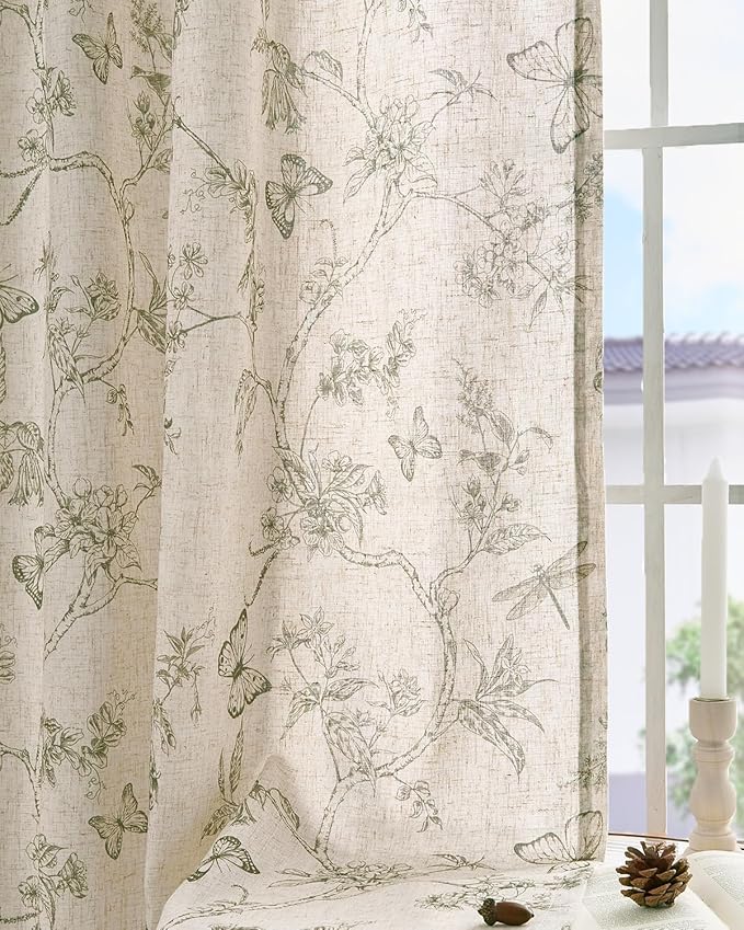 jinchan Floral Linen Curtains for Living Room 84 Inch Length Butterfly Curtain Sage Green Floral Curtains French Country Farmhouse Curtain Flower Patterned Drapes Window Treatment Set 2 Panels - Image 9
