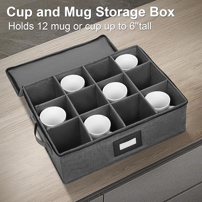 Mayniu Cup and Mug Storage Box 2Pack, China Storage Containers for 12 Tea Cups or Coffee Mugs with Zipper Lid and Rivet Reinforced Handles, Hard Shell and Stackable (Black) - Image 2