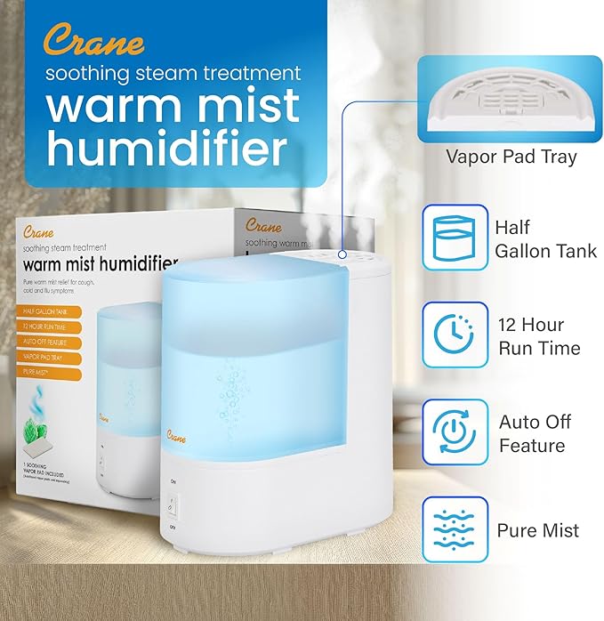 Crane Warm Mist Humidifier, Small Humidifier for Bedroom, Office, Vapor Pad Tray, Soothing Warm Mist Humidifiers For Bedroom, Relief for Dry Air, Quiet Operation, Auto Shut-Off, Desk Humidifiers - Image 5