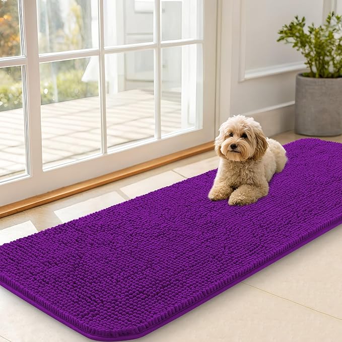 OLANLY Dog Door Mat for Muddy Paws 59x20, Absorbs Moisture and Dirt, Absorbent Non-Slip Washable Doormat, Quick Dry Chenille Mud Mat for Dogs, Entry Indoor Entryway Carpet for Inside Floor, Purple by OLANLY