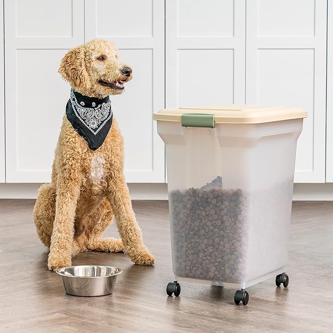 IRIS USA 58 Lbs / 67 Qt WeatherPro Airtight Pet Food Storage Container with Attachable Casters, For Dog Cat Bird and Other Pet Food Storage Bin, Keep Fresh, Translucent Body, Almond/Clear - Image 5