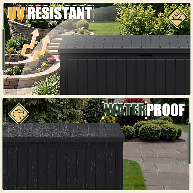 JUMMICO 270 Gallon Outdoor Storage Deck Box with Divider, Double Wall Storage Box with Lockable Lid for Garden Tools, Pools Supplies (Black) - Image 4