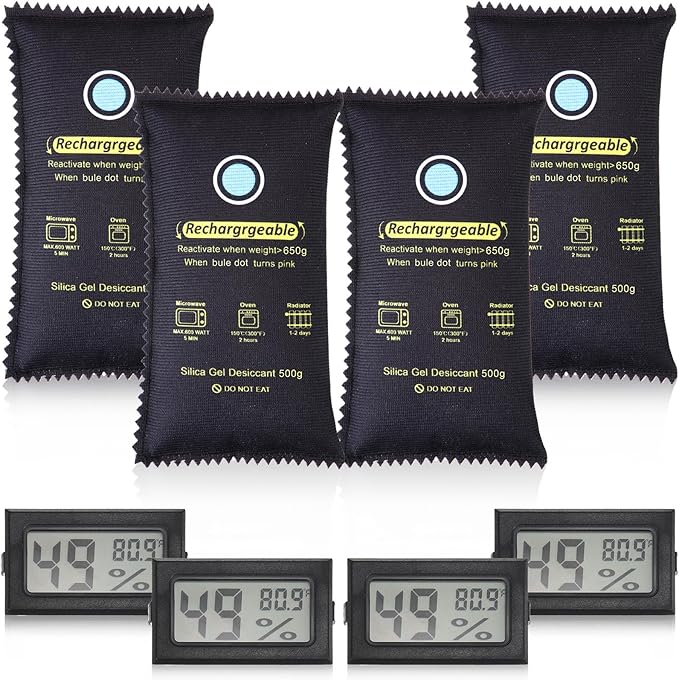 8 Pcs 500 Grams Rechargeable Silica Gel Desiccant Packets with Mini Digital LCD Hygrometer Thermometers Dehumidifier Bag for Gun Safe Closet Basement Car Storage Clothes Moisture Absorber by Tellegloww