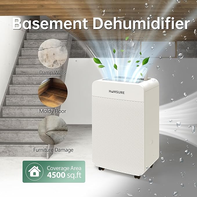 HUMSURE 4500 Sq. Ft 80 Pints Dehumidifier for Basement and Home, Bathroom, Bedroom, Equipped With Drainage Hose, Automatic Defrosting, 24-Hour Timer Function - Image 4