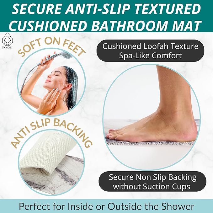 Enkosi Loofah Non-Slip Shower Mat - Shower Floors, Bathtub, Bathrooms, Wet Areas - Cushioned Bath Mat with Drain Holes - Quick Dry PVC, Secure Safety Pad Without Suction Cups (Marble Grey 32x24) - Image 2