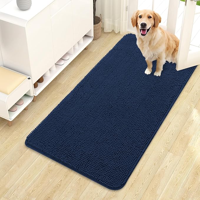 OLANLY Dog Door Mat for Muddy Paws 44x24, Absorbs Moisture and Dirt, Absorbent Non-Slip Washable Doormat, Quick Dry Chenille Mud Mat for Dogs, Entry Indoor Entryway Carpet for Inside Floor, Dark Blue by OLANLY