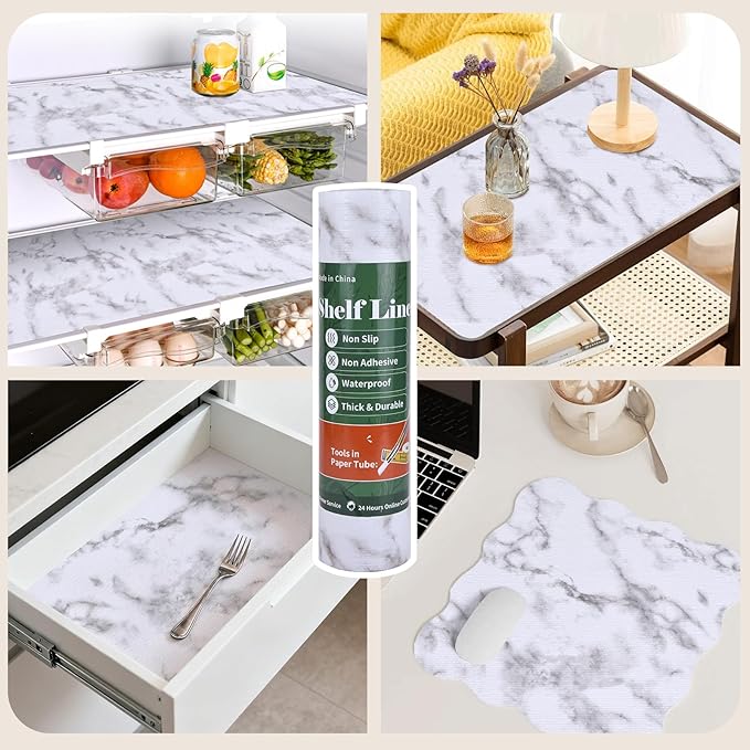 Shelf Liners for Kitchen Cabinets 12in x 10FT, Non Adhesive Drawer Liner Marble Pattern Thickened Shelf Liner Non-Slip Easy to Clean for Tool Box Refrigerator with Knife and Tape Measure - Image 9