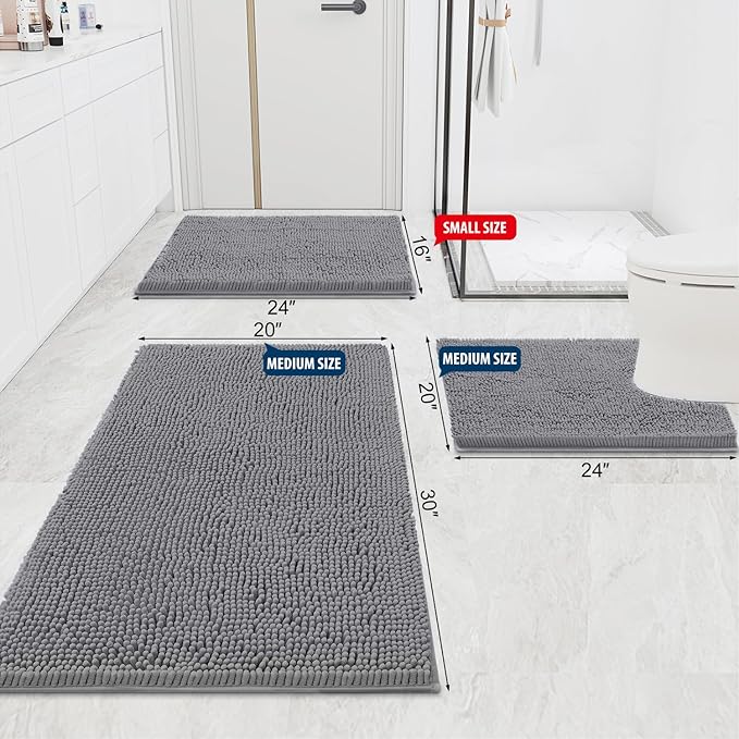 Smiry Luxury Chenille Bathroom Rugs 59x24, Extra Soft and Absorbent Shaggy Bath Mat, Machine Washable, Non-Slip Plush Carpet Runner for Tub, Shower, and Floor, Home Decor Accessories, Grey - Image 2
