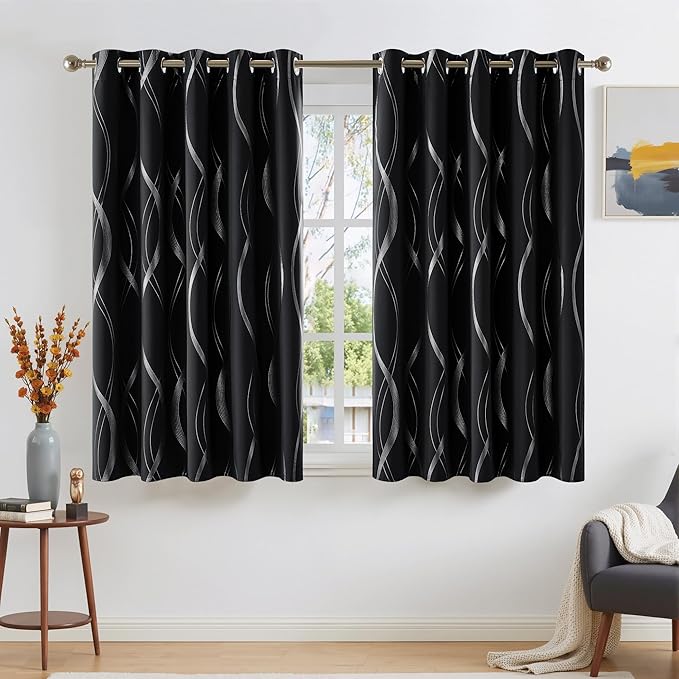 NICETOWN Black Blackout Curtain Panels for Kitchen, 66 x 54 inch, Noise Reducing Thermal Insulated Wave Line Foil Print Design Drapes for Home Decor, 2 Panels by NICETOWN