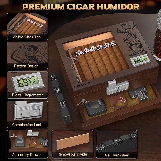 XIFEI Cigar Humidor, Glass Top Humidor Box with Digital Hygrometer, Humidifier, Accessories Drawer, Divider, Cedar Wood Desktop Humidors Case with Combination Lock, Gift for Cigar Lovers (Walnut) - Image 2