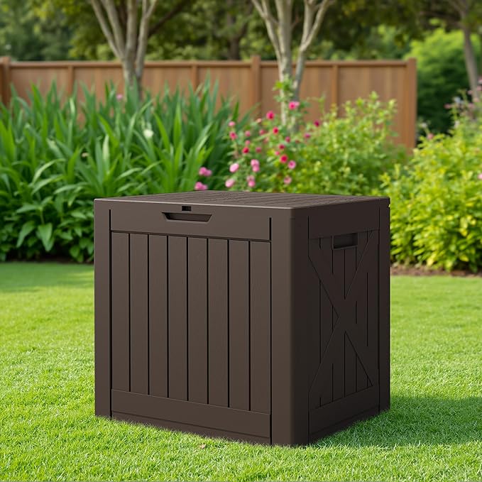 JUMMICO 42 Gallon Deck Box Waterproof, Resin Outdoor Storage Box with Side Handles, Outdoor Storage Benches Lockable for Patio Cushions and Garden Tools (Brown) - Image 7