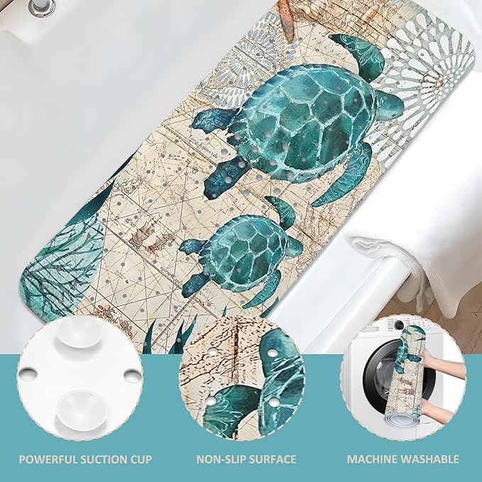 Sea Turtle Bathtub Mat Non Slip, Baby Bath Mat for Tub Rubber Tub Mat, Cute Kids Bath Mats for Bathroom Ocean Beach Anti Slip Shower Mat with Suction and Drain Holes Machine Washable, 40″X16″ - Image 5