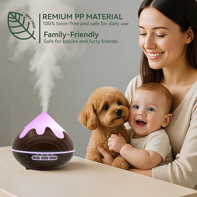 500ML Essential Oil Diffuser, Aromatherapy Diffuser with Remote Control, Multifunctional Air Diffusers for Home Office Room, Fragrance Aroma Diffuser with 7 Color LED & 2 Mist Mode, Dark Brown - Image 8