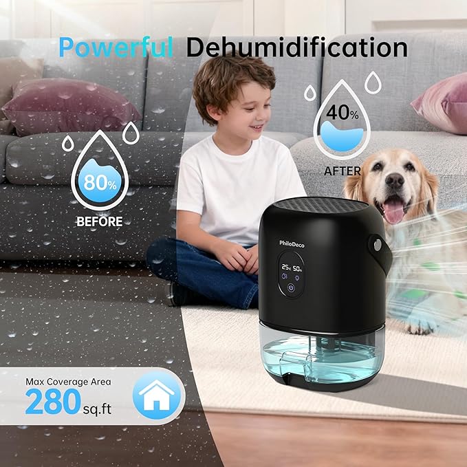PHILODECO 280 Sq. Ft 35 OZ Dehumidifier, Portable Small Dehumidifiers for Bedroom, Bathroom, Basement,RV with CO mode, Sleep mode, Auto Shut Off, 7 Colorful Lights, Black - Image 4