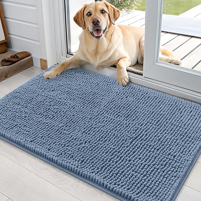 OLANLY Dog Door Mat for Muddy Paws 36x24, Absorbs Moisture and Dirt, Absorbent Non-Slip Washable Doormat, Quick Dry Chenille Mud Mat for Dogs, Entry Indoor Entryway Carpet for Inside Floor, Airy Blue by OLANLY