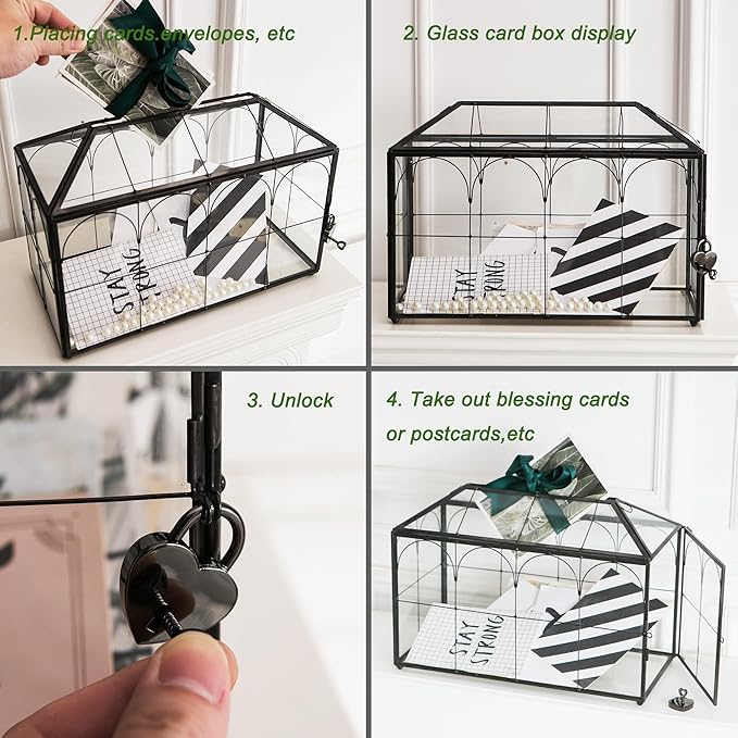 Wedding Card Box with Slot, 12.6'' Large Glass Card Boxes for Reception, Black Geometric Holder, Clear Decorative Storage Box with Lock for Baby Shower, Birthday Party, Christmas, Bridal Shower - Image 5