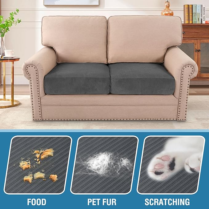 H.VERSAILTEX Velvet Stretch Couch Cushion Cover Plush Cushion Slipcover for Chair Loveseat Sofa Cushion Furniture Protector Seat Cushion Sofa Cover (2 Piece Medium Sofa Cushion Covers, Grey Striped) - Image 3