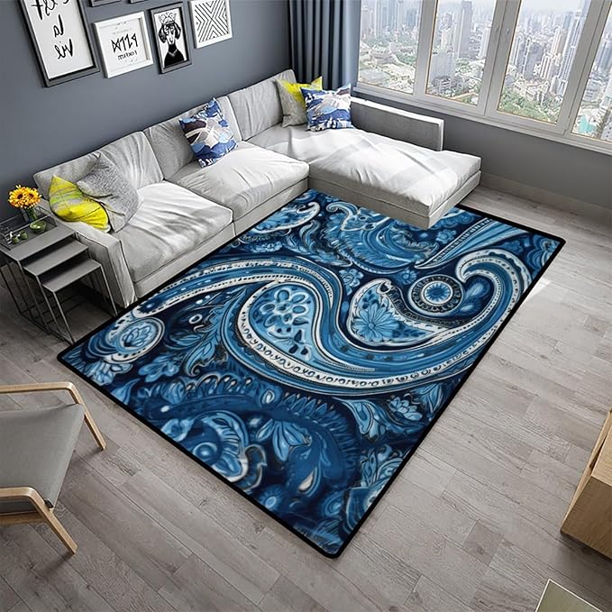 Blue Paisley Design Printing Washable Runner Rug - Fade, Flame, Quick Dry, Stain Resistant Area Carpet for Living Room Bedroom, 48 x 72 Inch - Image 2
