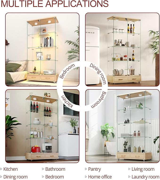 Yoluckea 4 Tier Glass Display Cabinet with LED Lighting and 2 Drawers, 2 Doors Floor Standing Curio Cabinet with Wheel for Home, Office,Corner Display,Natural Glass Bookshelf for Collections and Decor - Image 6