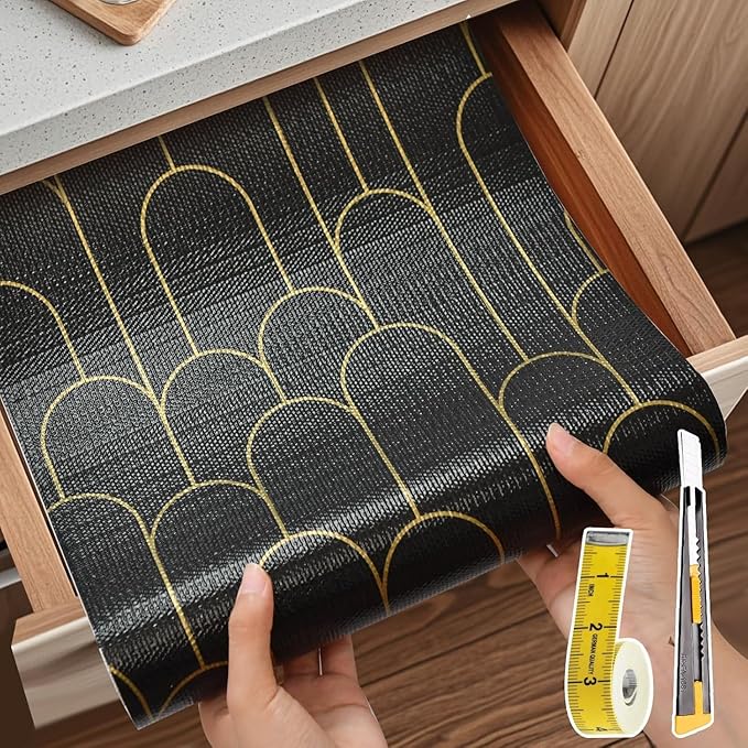 Shelf Liners for Kitchen Cabinets Drawer Liner 23.6in x 20FT Non Adhesive Black Gold Line Thickened Refrigerator Shelf Liner Paper Strong Easy to Clean for Tool Box with Knife and Tape Measure - Image 9